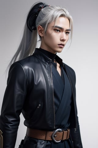 (masterpiece), best quality, expressive eyes, perfect face, a girl, centered, platinum futuristic armor,  dojo background, male, samurai , modern , jinbaori, , samurai jacket , blue, white hair, long ponytail , futuristic katana at belt, leather, jedi, daimyo jacket, young, blue, futuristic leather jinbaori,