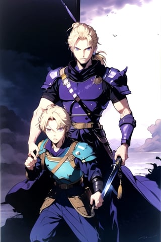 (masterpiece), best quality, best face, perfect face, Yoshitaka Amano, a boy, blue dressed, blond, purple eyes, ponytail, gold armor pauldron, a sword in his right hand, a shield on his back, few colors, most black and white, long_pants, Suzuna, black sky, final fantasy