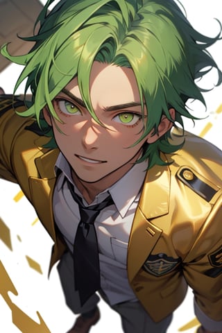 (masterpiece), best quality, expressive eyes, perfect face, detailed face, a boy, (acid green hair), (golden eyes), effeminate, (white school uniform, black from the chest up), full body, happy_face