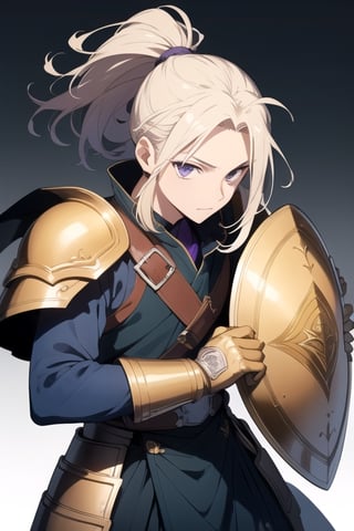 (masterpiece), best quality, best face, perfect face, Yoshitaka Amano style, a guy, blue dressed, golden hair, purple eyes, ponytail, piece or armor, a sword, a shield