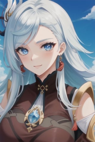 (masterpiece), best quality, expressive eyes, perfect face, perfect eyes, ((best quality)), ((highly detailed)), detailed face, beautiful face, (detailed eyes, deep eyes), girl, (((female))), big deep blue eyes, ((long voluminous hair)), ((white hair)), deep eyes, ((pelt tribal heavy clothes)), poor clothes, fantasy, skinny, dirty face, smile, leather clothes, poor clothes,  brown clothes,shenhe(genshin impact),furina \(genshin impact\),beidoudef