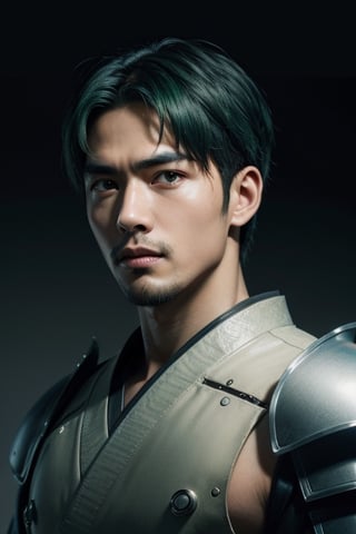 (masterpiece), best quality, expressive eyes, perfect face, centered, (platinum futuristic Japanese armor),  (futuristic dojo background), (male), (modern samurai), (dark green hair), leather, white, jedi,  ((white Haori)), cyberpunk, beard, stylish,