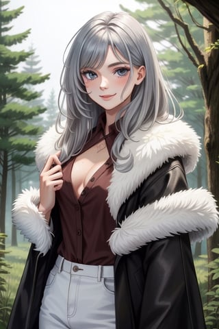 {1girl}, magician, white skin, HDR,UHD,8K, best quality, {masterpiece}, Highly detailed, slender, {{smile}}, messy hair, {{long hair}}, {{silver hair}}, forest, {{{pelt and leather clothes}}}, {{{{really Poor clothes}}}}, fur coat, dirt on her face, dirt on her hair, dirt on her clothes