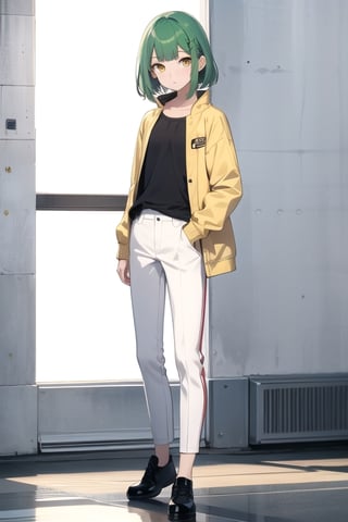 (masterpiece), best quality, best face, perfect face, a girl, skinny, acid-green hair, golden eyes, full_body, pixie hair, asymmetrical bangs, gakuran, white jacket, white long pants, yellow t-shirt, flat chest, 