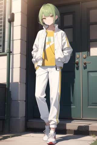 (masterpiece), best quality, best face, perfect face, a girl, skinny, acid-green hair, golden eyes, full_body, pixie short hair, asymmetrical bangs, gakuran, white elegant jacket, white elegant long pants, yellow t-shirt, flat chest, sox, sneakers, boyish