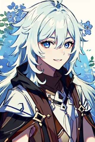(masterpiece), best quality, expressive eyes, perfect face, perfect eyes, ((best quality)), ((highly detailed)), detailed face, beautiful face, (detailed eyes, deep eyes), girl, (((female))), big deep blue eyes, ((long voluminous hair)), ((white hair)), deep eyes, ((pelt tribal heavy clothes)), razor clothes, dirty, smile, character \(series\),character \(series\)