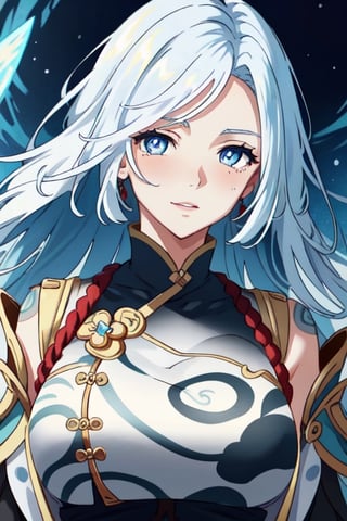 (masterpiece), best quality, expressive eyes, perfect face, perfect eyes, ((best quality)), ((highly detailed)), detailed face, beautiful face, (detailed eyes, deep eyes), girl, (((female))), big deep blue eyes, ((long voluminous hair)), ((white hair)), deep eyes, ((pelt tribal heavy clothes)), poor clothes, skinny, dirty face, smile, character \(series\), character \(series\), leather, fushi_fumetsu, shenhe(genshin impact),fushi_fumetsu