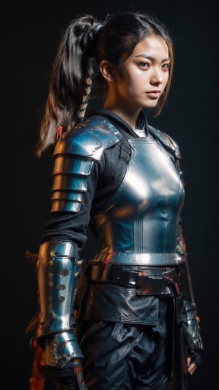 centered,| super Sexy girl in full body platinum armor, (black background::1.2),male,,samurai ,modern ,jinbaori,,samurai jacket ,blue,white hair,long ponytail ,futuristic katana at belt,leather