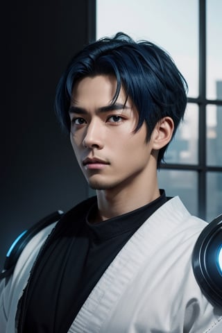 (masterpiece), best quality, expressive eyes, perfect face, centered, (platinum futuristic armor),  (futuristic dojo background), (male), (modern samurai), blue, (blue hair), leather, jedi, young, blue, azure, ((white Haori)), cyberpunk, (teen)