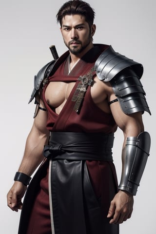 (masterpiece), best quality, expressive eyes, perfect face, centered, (platinum futuristic japanese armor),  (futuristic dojo background), (male), (modern samurai), (dark red hair), leather, jedi, young, red, ((white Haori)), cyberpunk, bulk, short beard, robust physique, 50 years old, huge muscled,