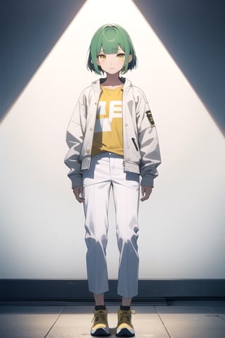 (masterpiece), best quality, best face, perfect face, a girl, skinny, acid-green hair, golden eyes, full_body, pixie short hair, asymmetrical bangs, gakuran, white jacket, white long pants, yellow t-shirt, flat chest, 