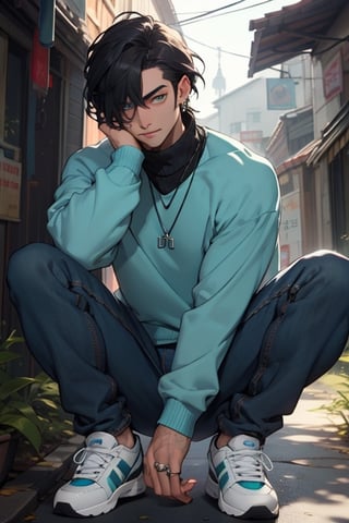 (masterpiece), best quality, expressive eyes, perfect faces, detailed faces, a man, black hair, tuft covering right eye, teal eyes, fullbody, slender, black turtleneck, jeans, sneakers, a single mole just under left eye, shy perfect hands, light blue transparent octahedron earring at left ear, necklace with a vampire canine,  silver ring at left thumb,