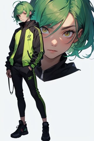 (masterpiece), best quality, best face, perfect face, short guy, skinny, acid-green hair, golden eyes, full_body, girlish, short hair, asymmetrical bangs