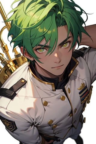 (masterpiece), best quality, expressive eyes, perfect face, detailed face, a boy, (acid green hair), (golden eyes), effeminate, (white uniform, black from the chest up), full body, happy_face