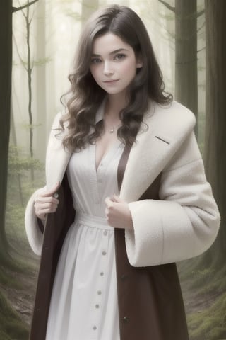 {1girl}, classic fantasy, magician, white skin, HDR,UHD,8K, best quality, {masterpiece}, Highly detailed, slender, {{smile}}, messy hair, {{long hair}}, {{silver hair}}, forest, {{{pelt and leather clothes}}}, {{{{really Poor clothes}}}}, fur coat, dirt on her face, dirt on her hair, dirt on her clothes