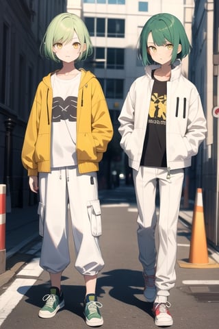 (masterpiece), best quality, best face, perfect face, a girl, skinny, acid-green hair, golden eyes, full_body, pixie short hair, asymmetrical bangs, gakuran, white elegant jacket, white elegant long pants, yellow t-shirt, flat chest, sox, sneakers, boyish