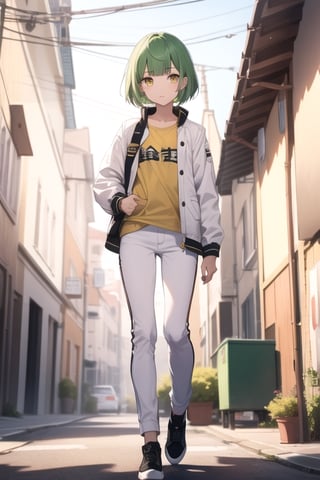 (masterpiece), best quality, best face, perfect face, a girl, skinny, acid-green hair, golden eyes, full_body, pixie short hair, asymmetrical bangs, gakuran, white jacket, white long pants, yellow t-shirt, flat chest, 