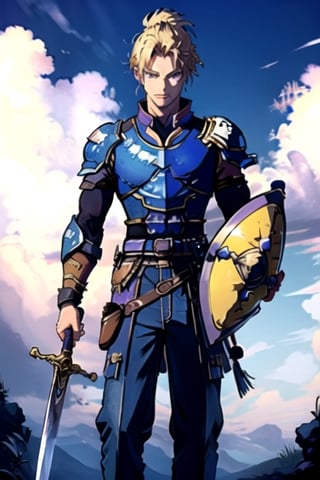 (masterpiece), best quality, best face, perfect face, Yoshitaka_Amano, a boy, blue dressed, blond, purple eyes, ponytail, gold armor pauldron, a sword in his right hand, a shield on his back, few colors, most black and white, long_pants,SAM YANG,xjrex,suzuna,EpicSky