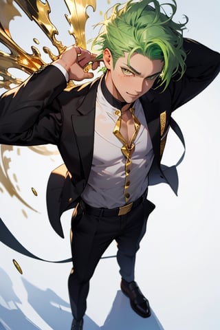 (masterpiece), best quality, expressive eyes, perfect face, detailed face, a boy, (acid green hair), (golden eyes), effeminate, (white school uniform, black from the chest up), full body, happy_face