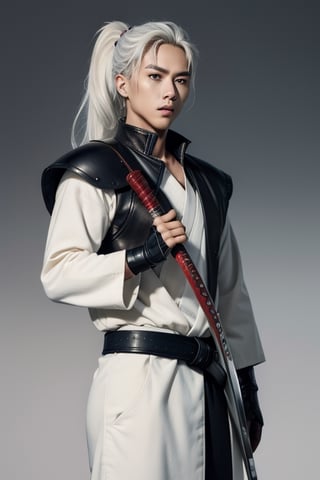 (masterpiece), best quality, expressive eyes, perfect face, a girl, centered, platinum futuristic armor,  (dojo background::1.2), male, samurai , modern , jinbaori, , samurai jacket , blue, white hair, long ponytail , futuristic katana at belt, leather, jedi, daimyo jacket, young,