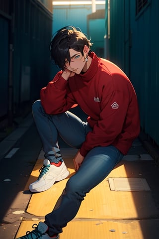 (masterpiece), best quality, expressive eyes, perfect faces, detailed faces, a man, black hair, tuft covering right eye, teal eyes, fullbody, slender, black turtleneck, blue jeans, sneakers, mole under left eye, shy perfect hands, light blue prism earring at left ear