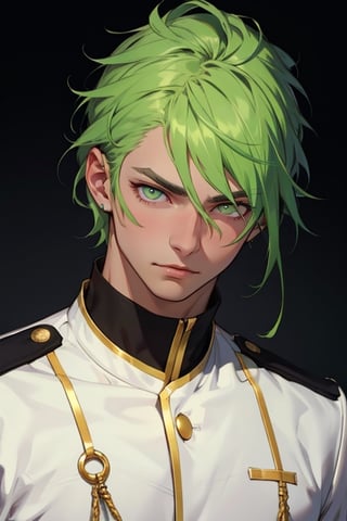 (masterpiece), best quality, expressive eyes, perfect faces, detailed faces, a boy, acid green hair, golden eyes, effeminate, white uniform