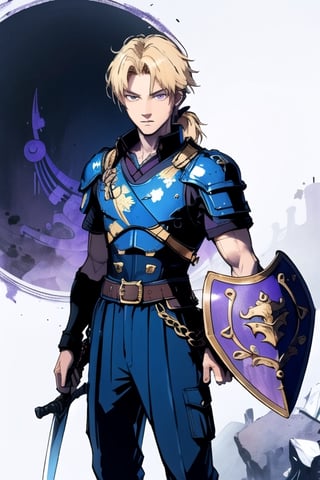 (masterpiece), best quality, best face, perfect face, Yoshitaka_Amano, a boy, blue dressed, blond, purple eyes, ponytail, gold armor pauldron, a sword in his right hand, a shield on his back, few colors, most black and white, long_pants, SAM YANG, xjrex, suzuna, black sky, final fantasy
