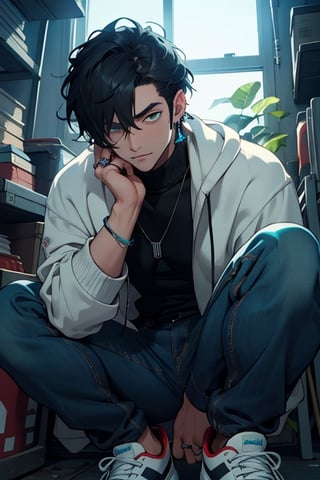 (masterpiece), best quality, expressive eyes, perfect faces, detailed faces, a man, black hair, tuft covering right eye, teal eyes, fullbody, slender, black turtleneck, jeans, sneakers, a single mole just under left eye, shy perfect hands, light blue transparent octahedron earring at left ear, necklace with a vampire canine,  silver ring at left thumb,