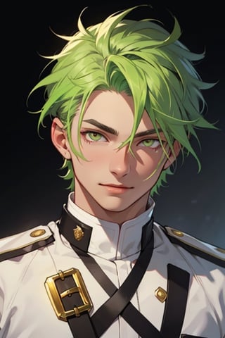 (masterpiece), best quality, expressive eyes, perfect face, detailed face, a boy, (acid green hair), (golden eyes), effeminate, (white uniform, black from the chest up), full body, happy_face