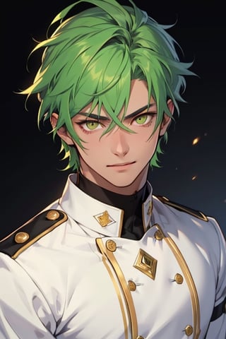 (masterpiece), best quality, expressive eyes, perfect face, detailed face, a boy, (acid green hair), (golden eyes), effeminate, (white uniform, black from the chest up), full body, happy_face