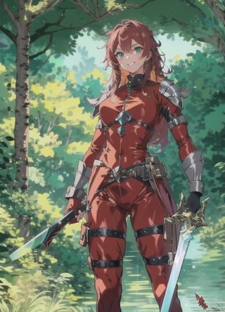 {1girl}, classic fantasy, 2 weapon fighter, {{emerald green short sword}}.  {{ice short sword}},  HDR, UHD, 8K, best quality, {masterpiece}, Highly detailed, slender, {{{{smile}}}}, {{{{unsecure}}}}, messy hair, {{{{long hair}}}}, {voluminous hair}, {{red hair}}, forest, {{{dark red silk catsuit}}}, 20 years old, {{{green eyes}}}, leather armor, sharp facial features, perfect hands, breastplate,