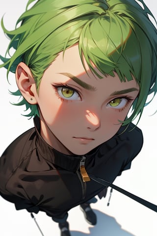 (masterpiece), best quality, best face, perfect face, short guy, skinny, acid-green hair, golden eyes, full_body, girlish, short hair, asymmetrical bangs, the clothes of the image