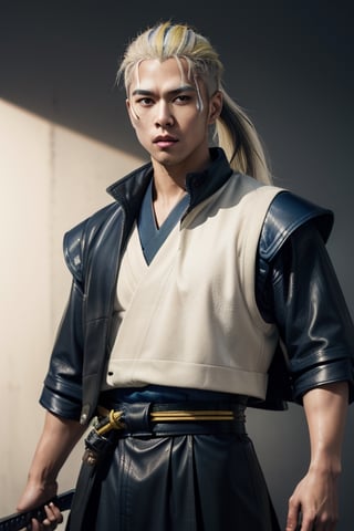 (masterpiece), best quality, expressive eyes, perfect face, centered, (platinum futuristic armor),  (futuristic dojo background), (male), (modern samurai), jinbaori, ((futuristic azure samurai leather long gillet with yellow highlights)), blue, (white hair), (long ponytail), (futuristic katana at the belt), leather, jedi, young, blue, azure, ((white Haori))