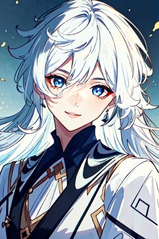 (masterpiece), best quality, expressive eyes, perfect face, perfect eyes, ((best quality)), ((highly detailed)), detailed face, beautiful face, (detailed eyes, deep eyes), female, big deep blue eyes, ((long voluminous hair)), ((white hair)), deep eyes, ((pelt tribal heavy clothes)), smile, character \(series\)