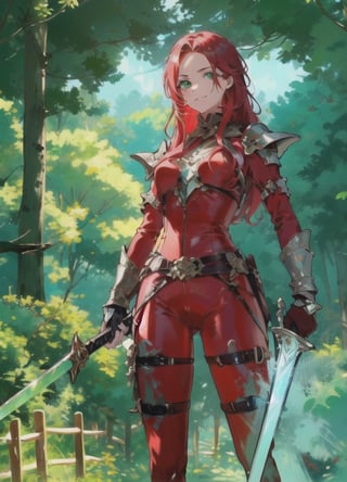 {1girl}, classic fantasy, 2 weapon fighter, {{emerald green short sword}}.  {{ice short sword}},  HDR, UHD, 8K, best quality, {masterpiece}, Highly detailed, slender, {{{{smile}}}}, {{{{unsecure}}}}, messy hair, {{{{long hair}}}}, {voluminous hair}, {{red hair}}, forest, {{{dark red silk catsuit}}}, 20 years old, {{{green eyes}}}, leather armor, sharp facial features, perfect hands, breast plate,