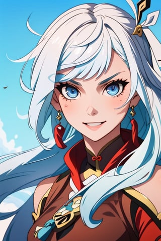 (masterpiece), best quality, expressive eyes, perfect face, perfect eyes, ((best quality)), ((highly detailed)), detailed face, beautiful face, (detailed eyes, deep eyes), girl, (((female))), big deep blue eyes, ((long voluminous hair)), ((white hair)), deep eyes, ((pelt tribal heavy clothes)), poor clothes, fantasy, skinny, dirty face, smile, leather clothes, poor clothes,  brown clothes,shenhe(genshin impact),furina \(genshin impact\),beidoudef