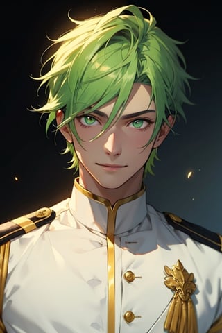 (masterpiece), best quality, expressive eyes, perfect face, detailed face, a boy, acid green hair, golden eyes, effeminate, white uniform, fullbody, happy_face