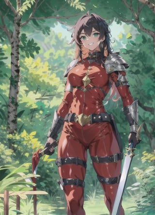 {1girl}, classic fantasy, 2 weapon fighter, {{emerald green short sword}}.  {{ice short sword}},  HDR, UHD, 8K, best quality, {masterpiece}, Highly detailed, slender, {{{{smile}}}}, {{{{unsecure}}}}, messy hair, {{{{long hair}}}}, {voluminous hair}, {{red hair}}, forest, {{{dark red silk catsuit}}}, 20 years old, {{{green eyes}}}, leather armor, sharp facial features, perfect hands, breastplate,