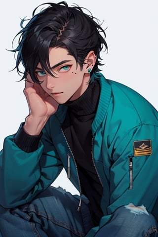 (masterpiece), best quality, expressive eyes, perfect faces, detailed faces, a man, black hair, tuft covering right eye, teal eyes, fullbody, slender, black turtleneck, jeans, sneakers, a single mole just under left eye, shy perfect hands, light blue prism earring at left ear