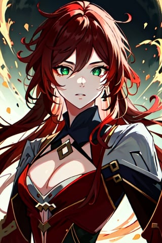 (masterpiece), best quality, expressive eyes, perfect face, perfect eyes, ((best quality)), ((highly detailed)), detailed face, beautiful face, (detailed eyes, deep eyes), female, big green eyes, ((medium long voluminous hair)), ((red hair)), deep eyes, ((dark red catsuit)), character \(series\)