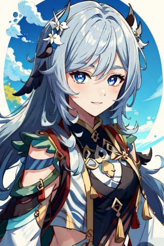 (masterpiece), best quality, expressive eyes, perfect face, perfect eyes, ((best quality)), ((highly detailed)), detailed face, beautiful face, (detailed eyes, deep eyes), girl, (((female))), big deep blue eyes, ((long voluminous hair)), ((white hair)), deep eyes, ((pelt tribal heavy clothes)), razor clothes, skinny, dirty, smile, character \(series\),character \(series\)