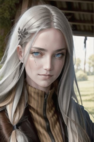 {1girl}, classic fantasy, magician, white skin, HDR,UHD,8K, best quality, {masterpiece}, Highly detailed, slender, {{smile}}, messy hair, {{long hair}}, {{silver hair}}, forest, {{{pelt and leather clothes}}}, {{{{really Poor clothes}}}}, fur coat, dirt on her face, dirt on her hair, dirt on her clothes