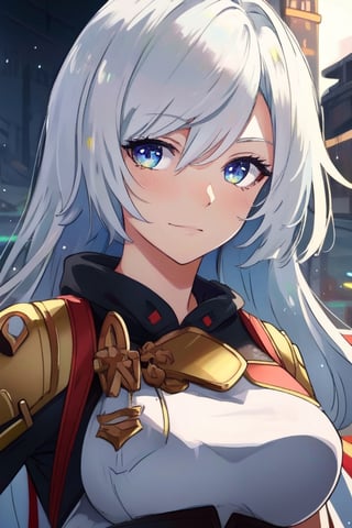 (masterpiece), best quality, expressive eyes, perfect face, perfect eyes, ((best quality)), ((highly detailed)), detailed face, beautiful face, (detailed eyes, deep eyes), girl, (((female))), big deep blue eyes, ((long voluminous hair)), ((white hair)), deep eyes, ((pelt tribal heavy clothes)), poor clothes, skinny, dirty face, smile, leather clothes, shenhe(genshin impact),