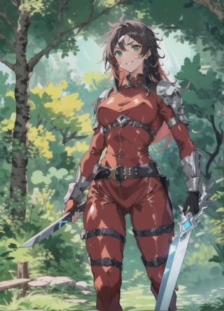 {1girl}, classic fantasy, 2 weapon fighter, {{emerald green short sword}}.  {{ice short sword}},  HDR, UHD, 8K, best quality, {masterpiece}, Highly detailed, slender, {{{{smile}}}}, {{{{unsecure}}}}, messy hair, {{{{long hair}}}}, {voluminous hair}, {{red hair}}, forest, {{{dark red silk catsuit}}}, 20 years old, {{{green eyes}}}, leather armor, sharp facial features, perfect hands, breastplate,