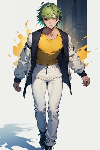 (masterpiece), best quality, best face, perfect face, a girl, skinny, acid-green hair, golden eyes, full_body, boyish, short hair, asymmetrical bangs, gakuran, white jacket, white long pants, yellow t-shirt, hidden boobs