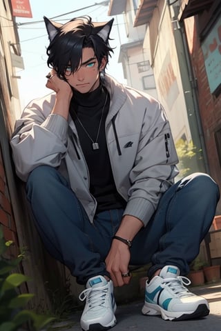 (masterpiece), best quality, expressive eyes, perfect faces, detailed faces, a man, black hair, tuft covering right eye, teal eyes, fullbody, slender, black turtleneck, jeans, sneakers, a single mole just under left eye, shy, perfect hands, light blue transparent octahedron earring at left ear, wolf tooth necklace, silver ring at left thumb, grey socks, five fingers hands