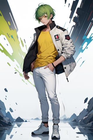 (masterpiece), best quality, best face, perfect face, short guy, skinny, acid-green hair, golden eyes, full_body, girlish, short hair, asymmetrical bangs, gakuran, white jacket, white long pants, yellow t-shirt,