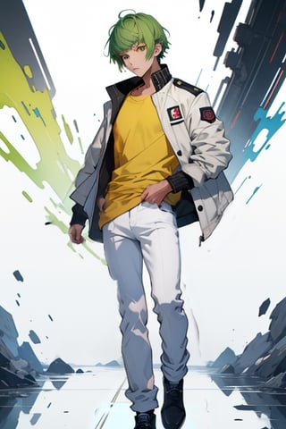 (masterpiece), best quality, best face, perfect face, short guy, skinny, acid-green hair, golden eyes, full_body, girlish, short hair, asymmetrical bangs, gakuran, white jacket, white long elegant pants, yellow t-shirt,