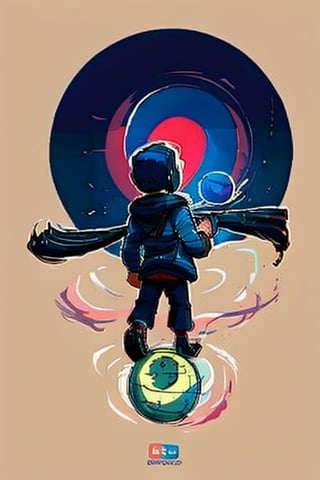 EpicLogo, little boy, his back to the viewer, the sky is full of huge planet, night, galaxy
