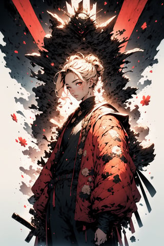 (Tall young handsome man, blonde, red eyes, glowing eyes, levi ackerman hairstyle,) coat, black coat, shirt, red shirt, pants, black pants, crown, king, cape, black waistcoat, ,Hanahaki disease, flower background